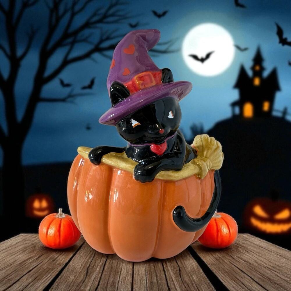 New Yankee Candle Sophia Black Cat Halloween Jar Holder Pumpkin Witch Hat